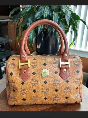 MCM Monogram Visetos Boston Bag, Cognac Tan